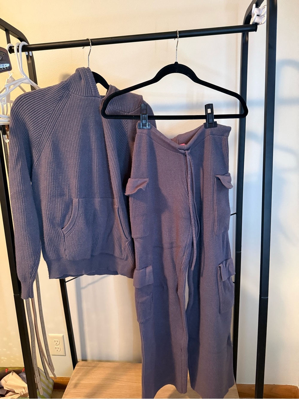 Edikted Ribbed Knit Hoodie & Cargo Pants Set - Blue/Gray